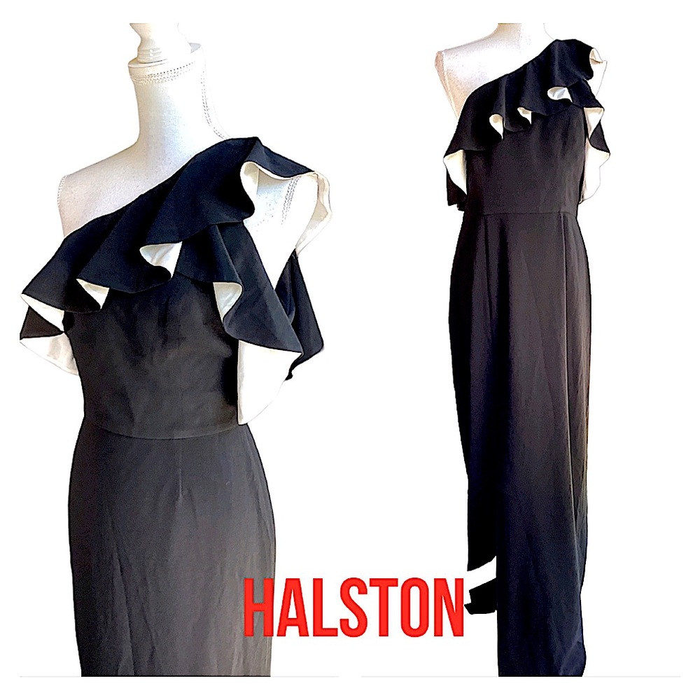 Halston Heritage One Shoulder Black/White Crepe Gown. B11